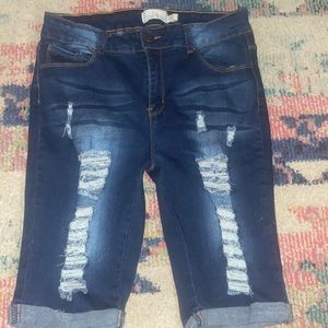 Dark wash  distressed Bermuda shorts